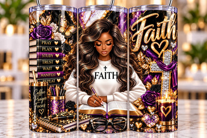 Faith Purple & Gold 20 oz tumbler — full wrap view
