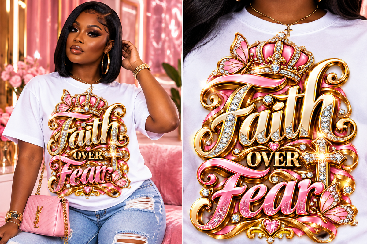 Faith Over Fear design in pink on a white T-shirt