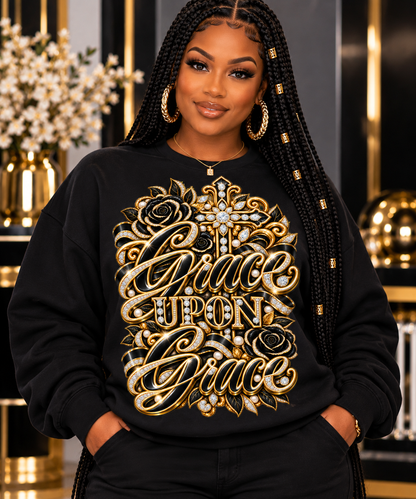Grace Upon Grace design in black and gold on a black sweatshirt