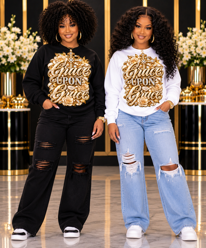 Grace Upon Grace design in champagne and gold on black and white sweatshirts