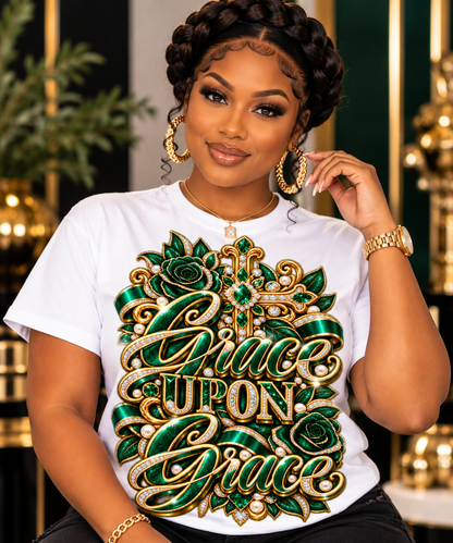 Grace Upon Grace design in emerald and gold on a white T-shirt