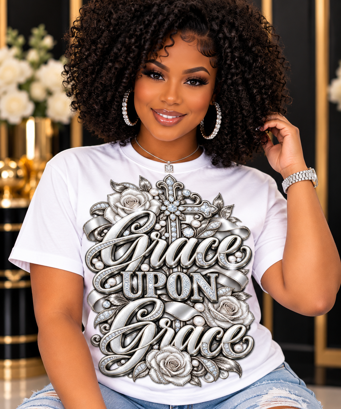 Grace Upon Grace design in silver and grey on a white T-shirt