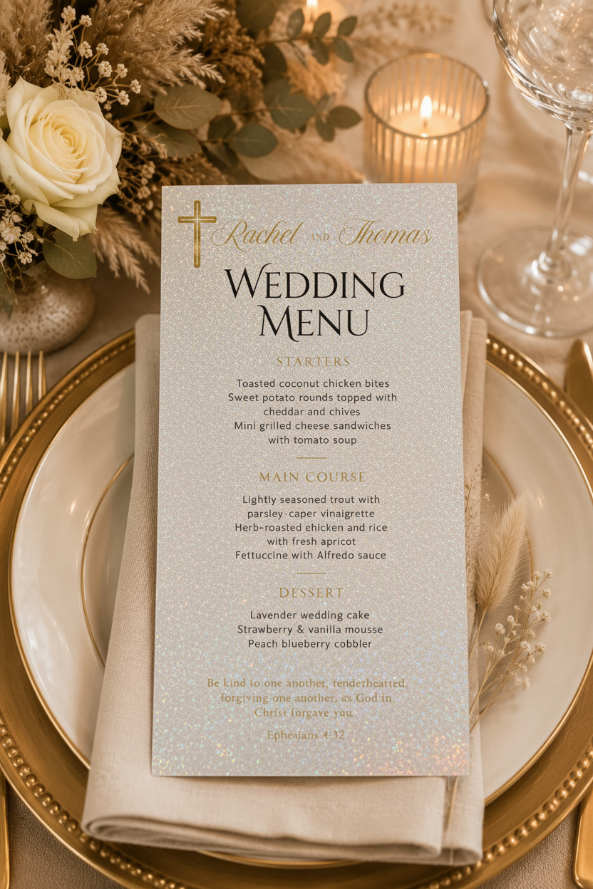Faith-Centered Wedding Menu 4x9 - LuxPaper Crystal Metallic 105LB