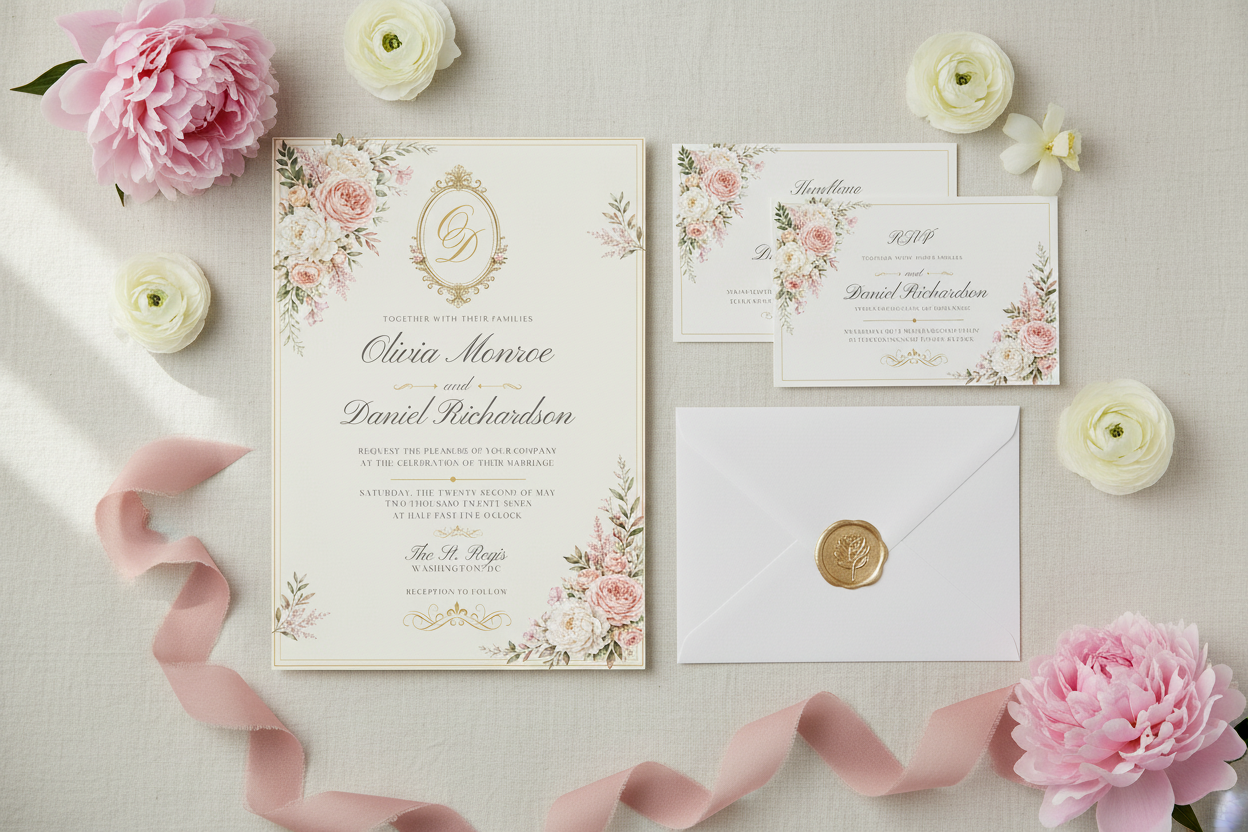 The Belle Collection™ — French Romance luxury wedding stationery flat lay