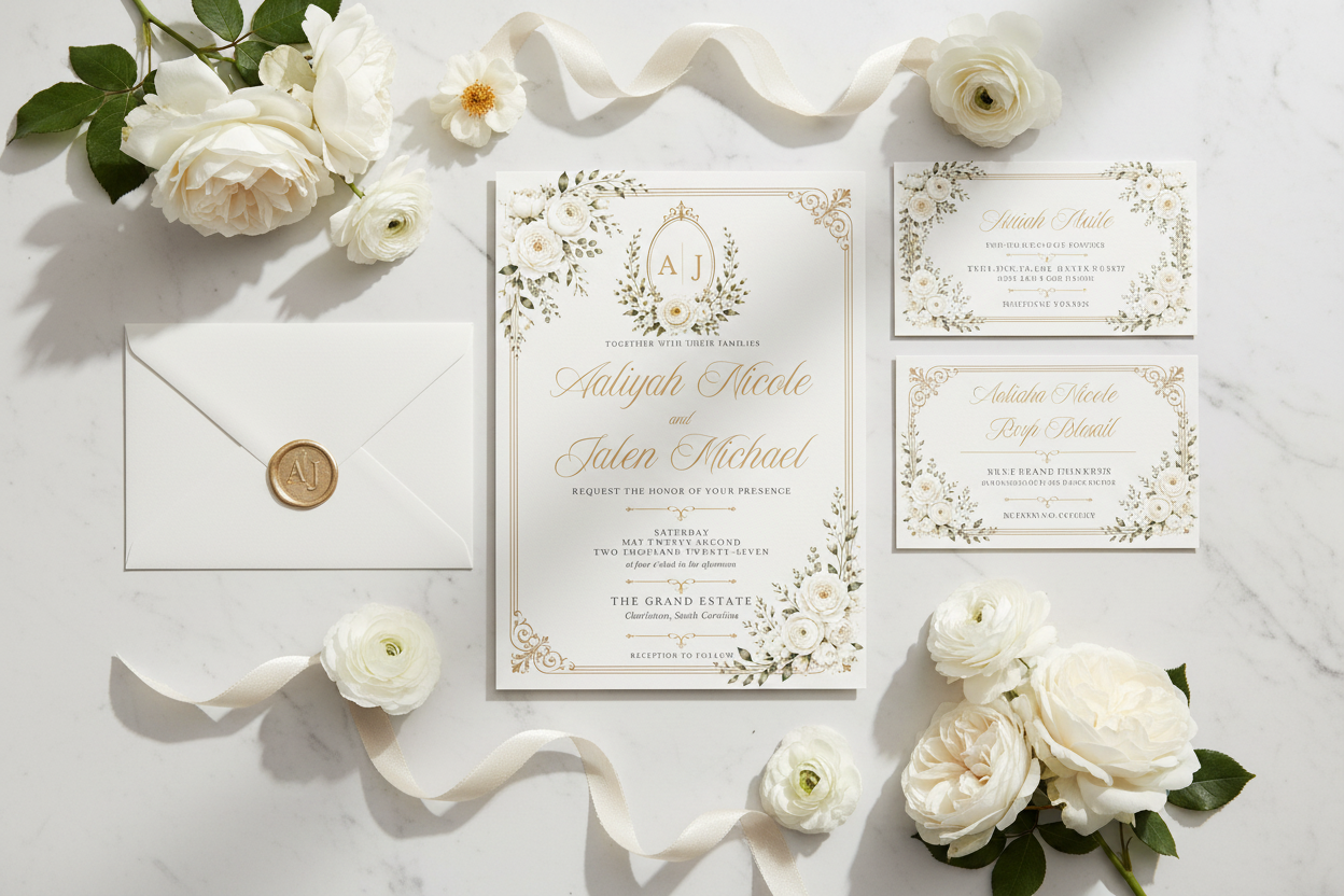 The Grace Collection™ — European Estate luxury wedding stationery flat lay