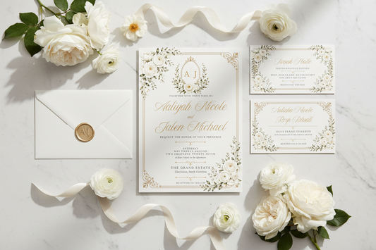 The Grace Collection™ — European Estate luxury wedding stationery flat lay