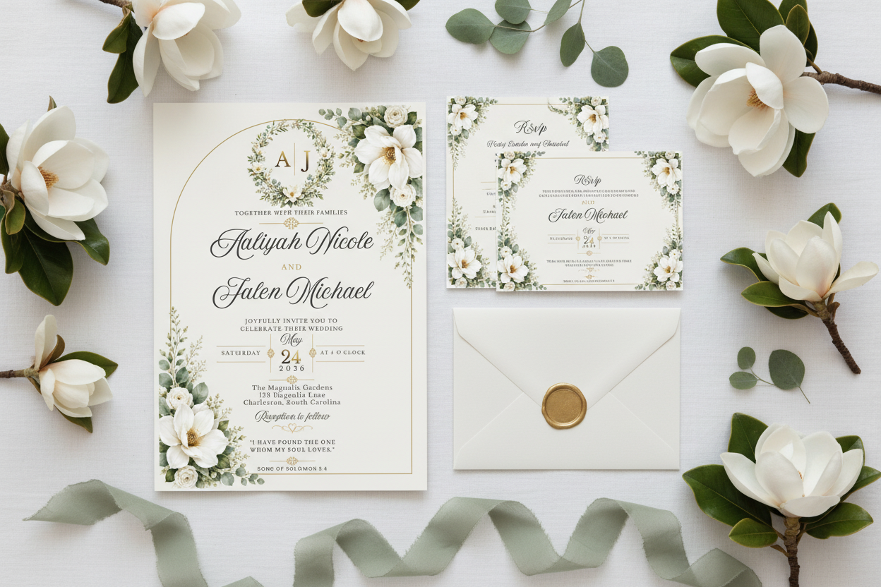 The Magnolia Collection™ — Southern Garden Estate luxury wedding stationery flat lay