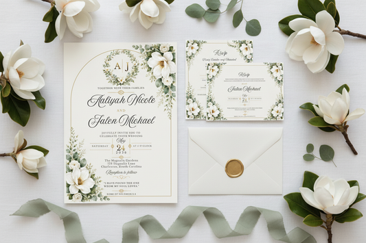 The Magnolia Collection™ — Southern Garden Estate luxury wedding stationery flat lay