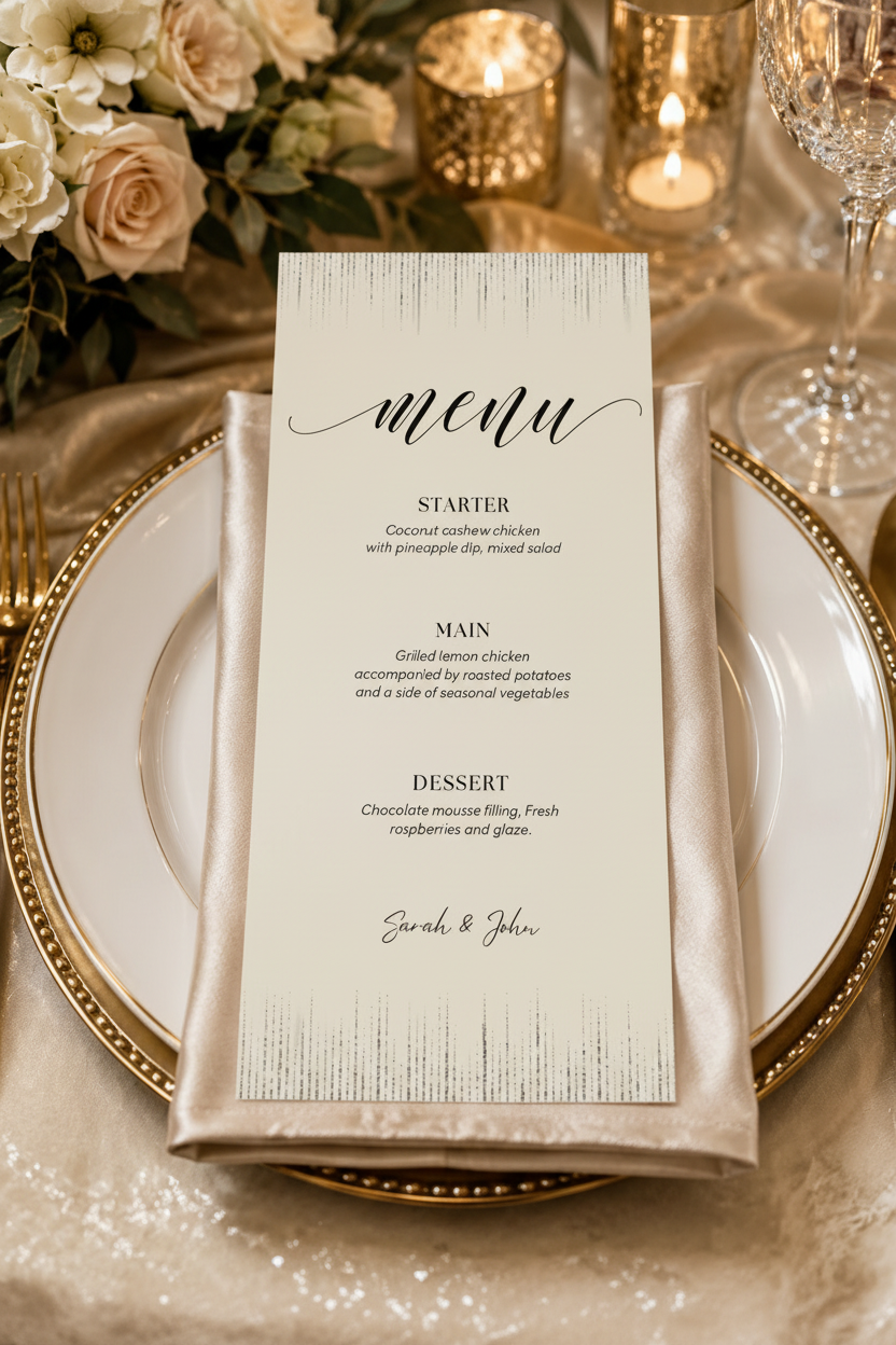 Elegant Wedding Menu 4x9 - Matte Cream Cardstock 100LB