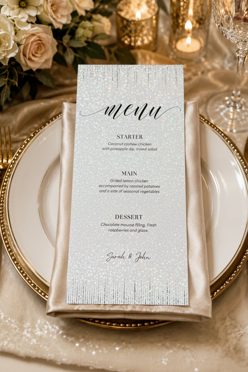Elegant Wedding Menu 4x9 - LuxPaper Crystal Metallic 105LB