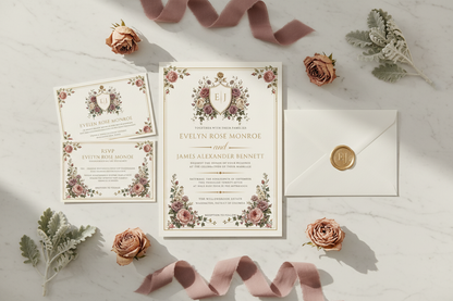 The Victoria Collection™ — Regal English Romance luxury wedding stationery flat lay