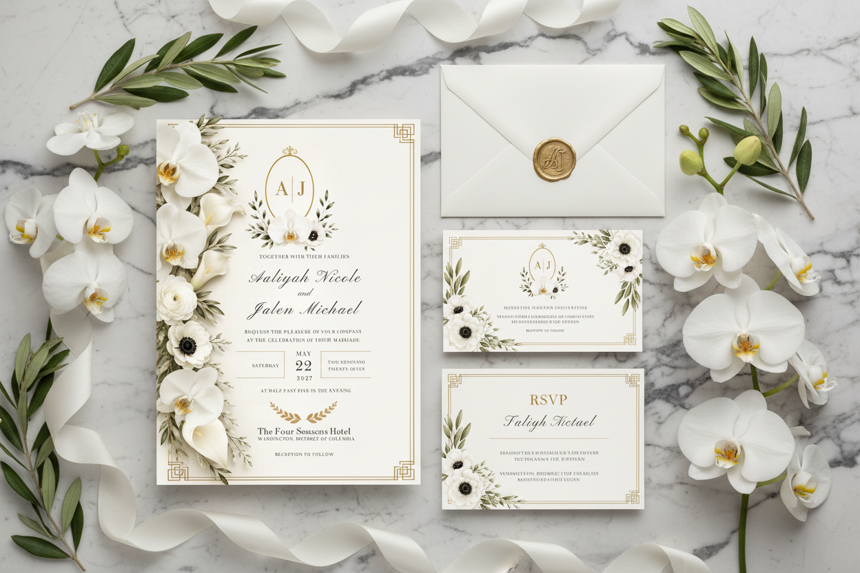 The Elegance Collection™ — Modern Editorial luxury wedding stationery flat lay