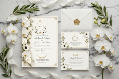The Elegance Collection™ — Modern Editorial luxury wedding stationery flat lay
