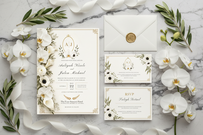 The Elegance Collection™ — Modern Editorial luxury wedding stationery flat lay