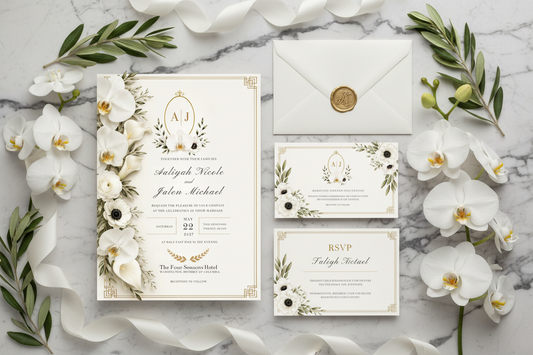 The Elegance Collection™ — Modern Editorial luxury wedding stationery flat lay