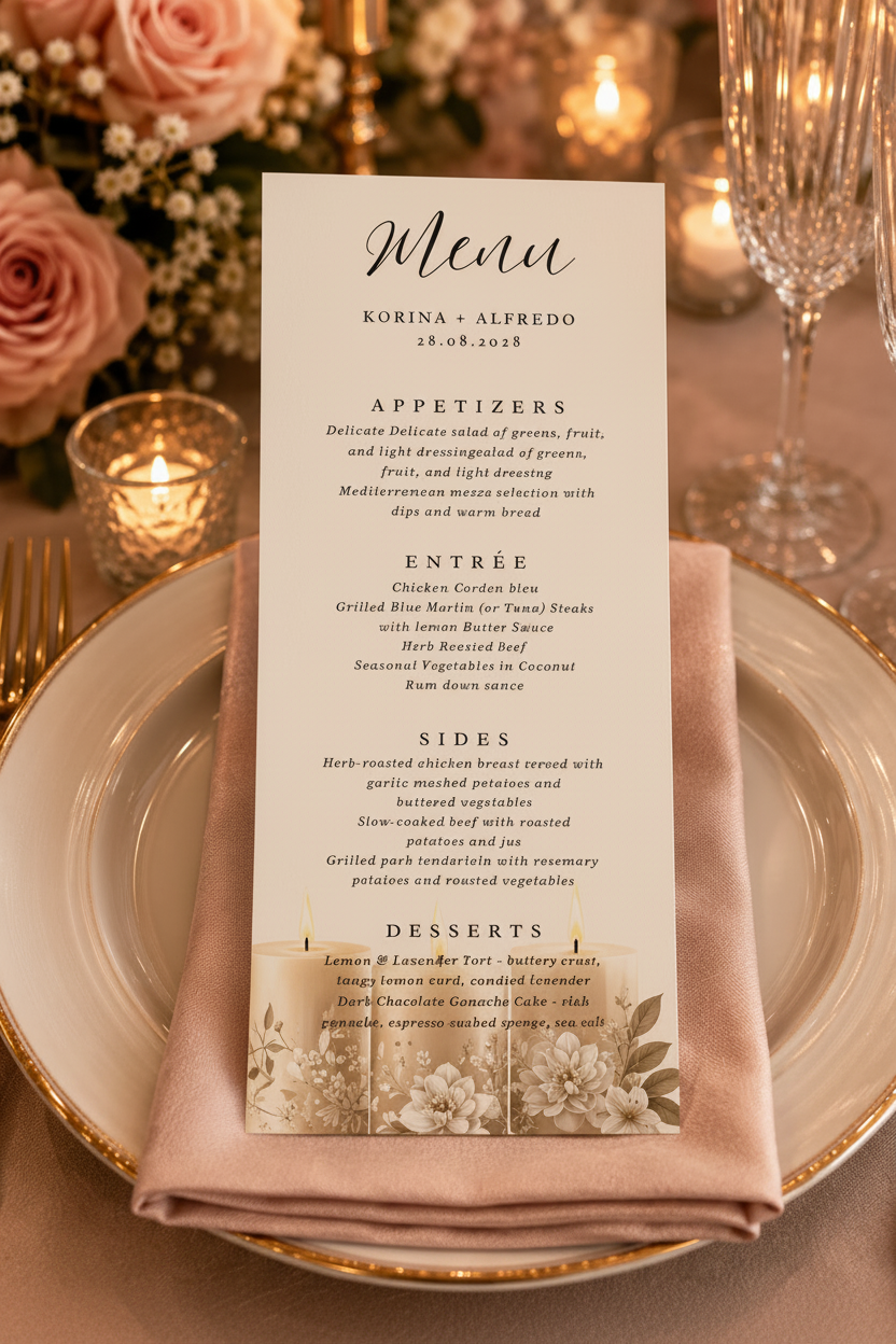 Romantic Wedding Menu 4x9 - White Cardstock