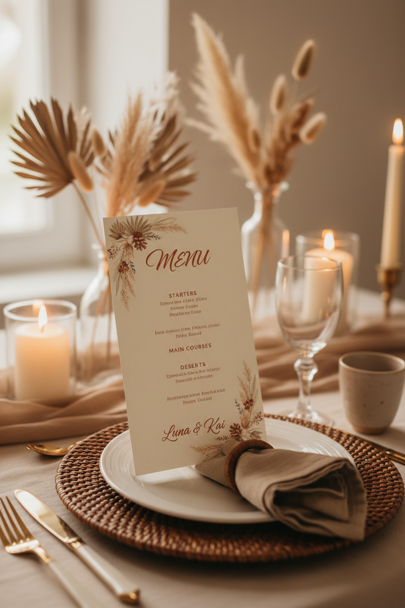 Boho Wedding Menu 4x9 - Matte Cream Cardstock 100LB