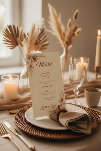 Boho Wedding Menu 4x9 - Matte Cream Cardstock 100LB