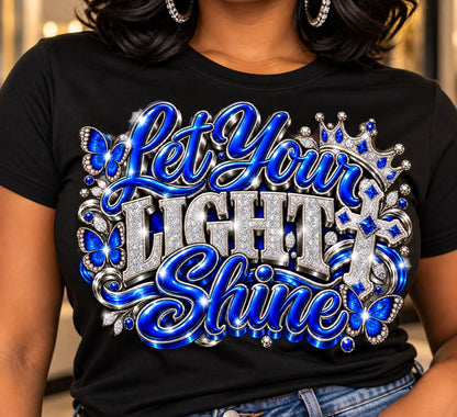 Let Your Light Shine design in blue and silver on a black T-shirt, close-up