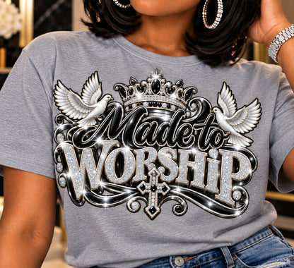 Made to Worship design in black and silver chrome on a gray T-shirt, close-up