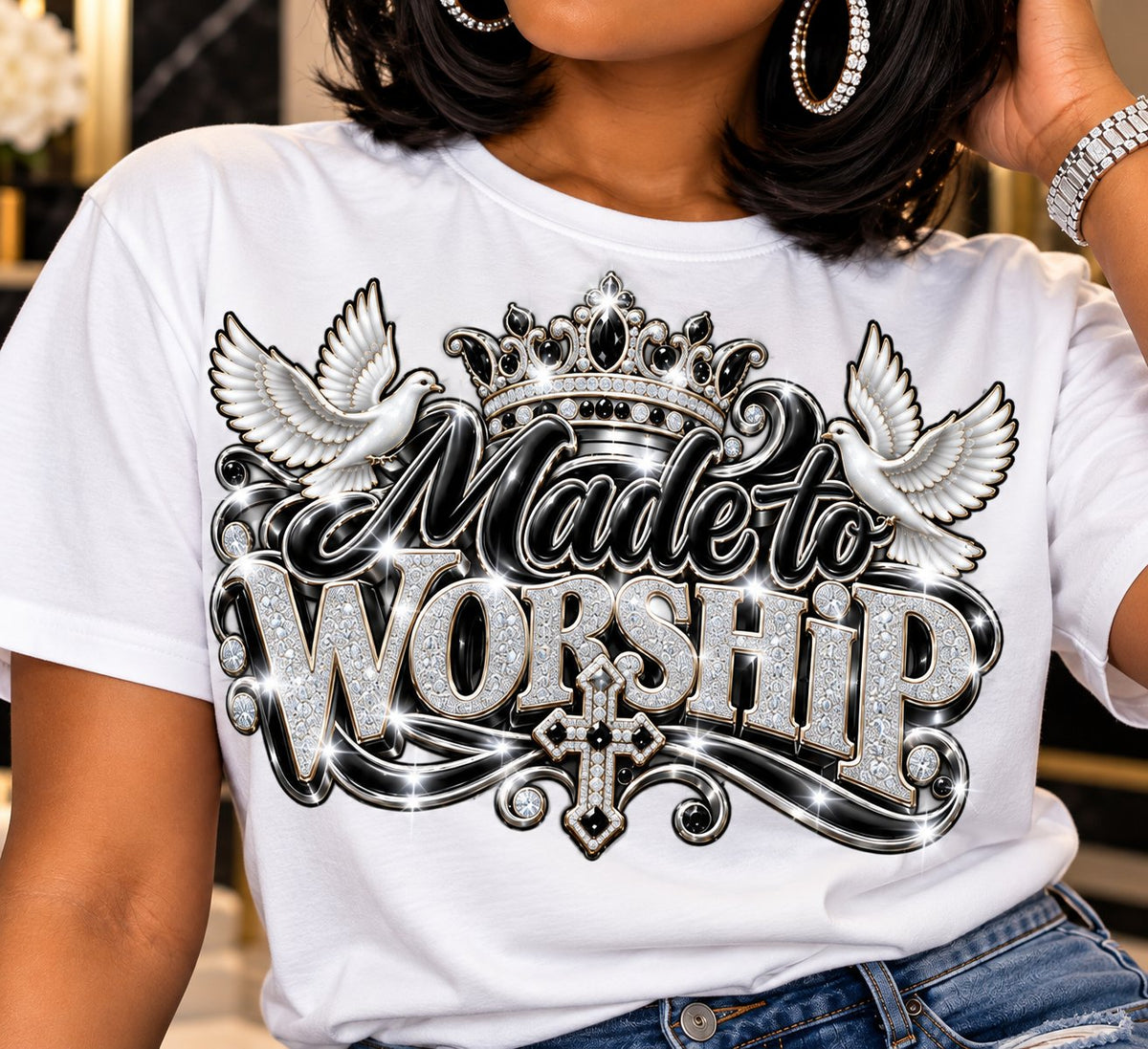 Made to Worship design in black and silver chrome on a white T-shirt, close-up