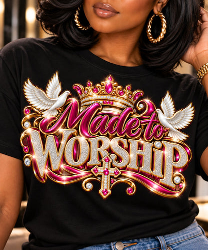 Made to Worship design in pink and gold on a black T-shirt, close-up