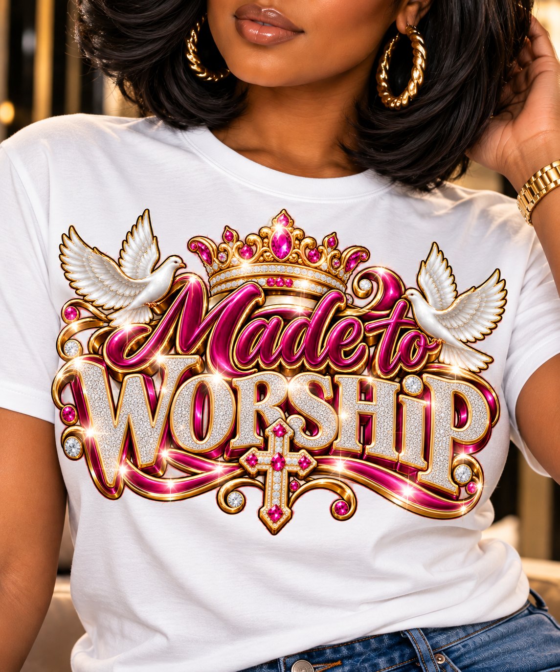 Made to Worship design in pink and gold on a white T-shirt, close-up
