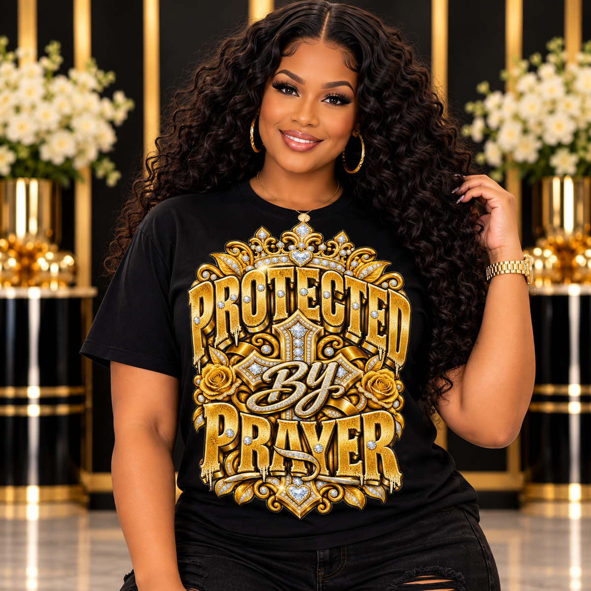 Protected By Prayer design in gold on a black T-shirt