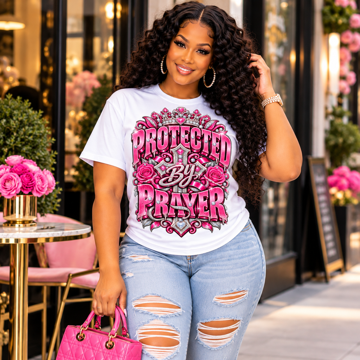 Protected By Prayer design in pink on a white T-shirt