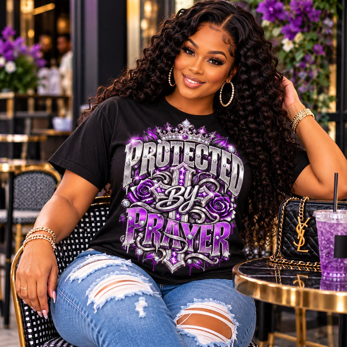 Protected By Prayer design in purple and silver on a black T-shirt