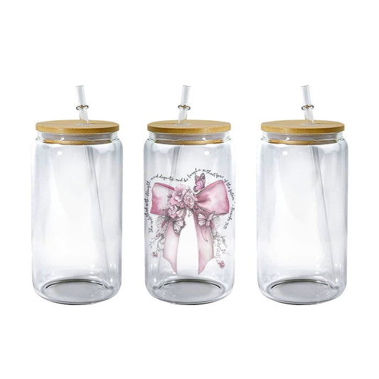 Pink Bow Inspirational Glass Libby Drinking Jar - S & M Unique Shirts, LLC