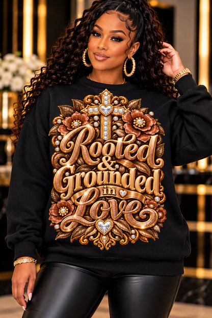 Rooted & Grounded in Love design in bronze and copper on a black sweatshirt