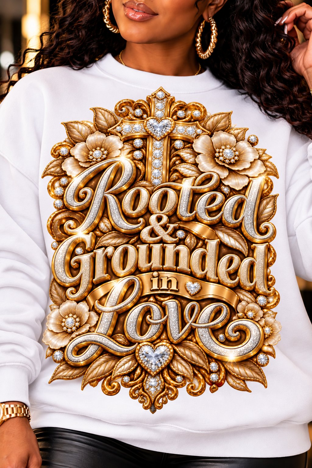 Rooted & Grounded in Love design in champagne and gold on a white sweatshirt