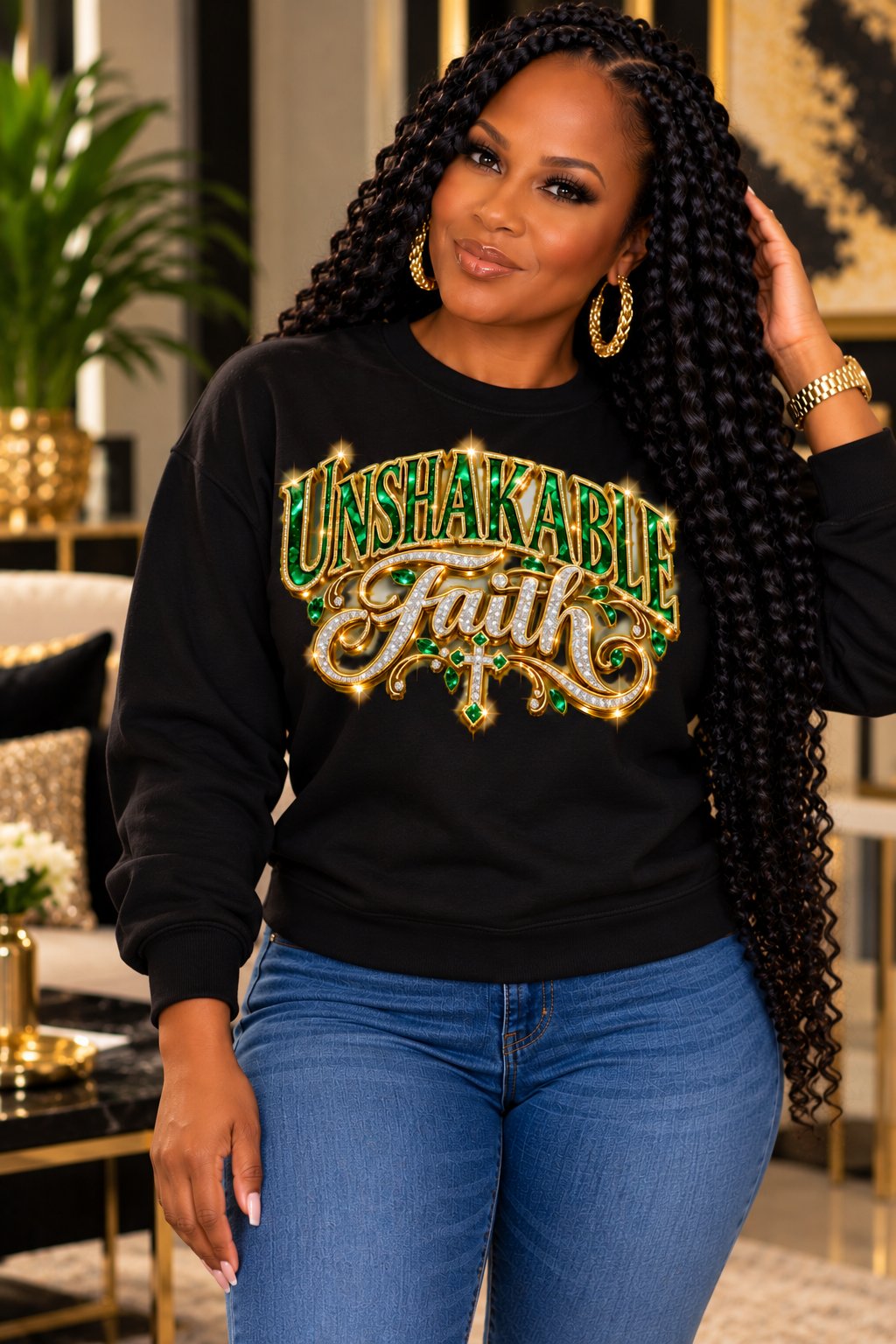 Unshakable Faith design in green, gold, and silver on a black sweatshirt, standing