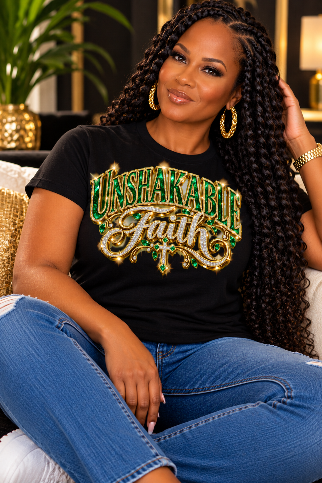 Unshakable Faith design in green, gold, and silver on a black T-shirt, seated
