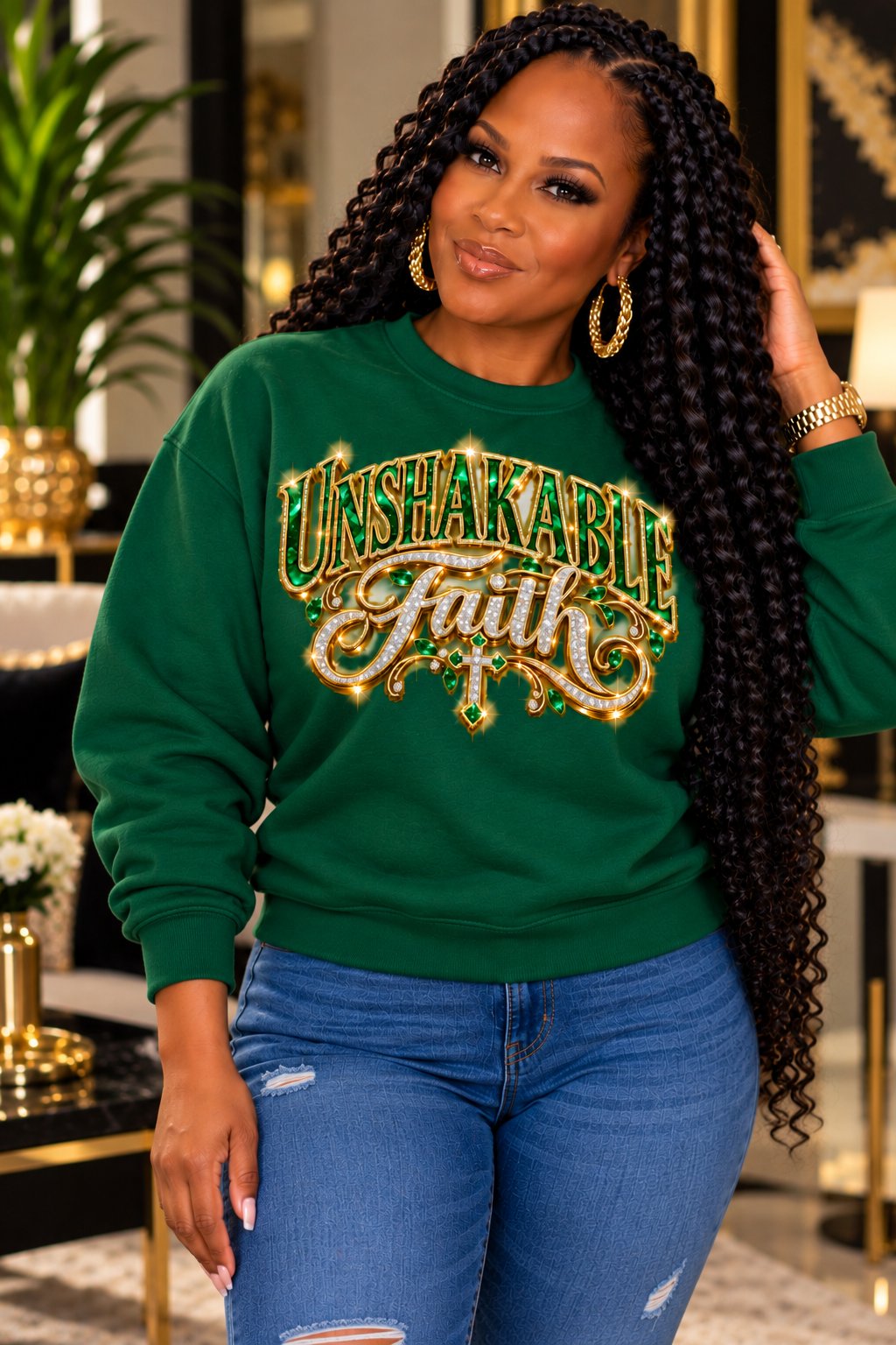 Unshakable Faith design in green, gold, and silver on a green sweatshirt, standing