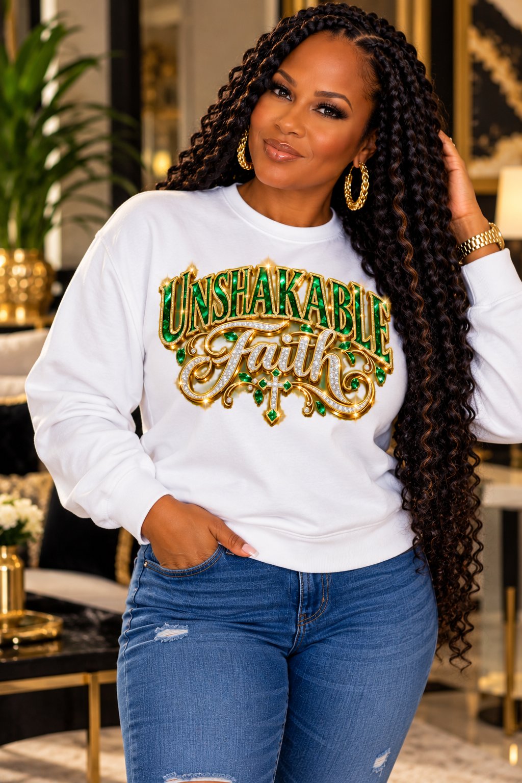 Unshakable Faith design in green, gold, and silver on a white sweatshirt, standing