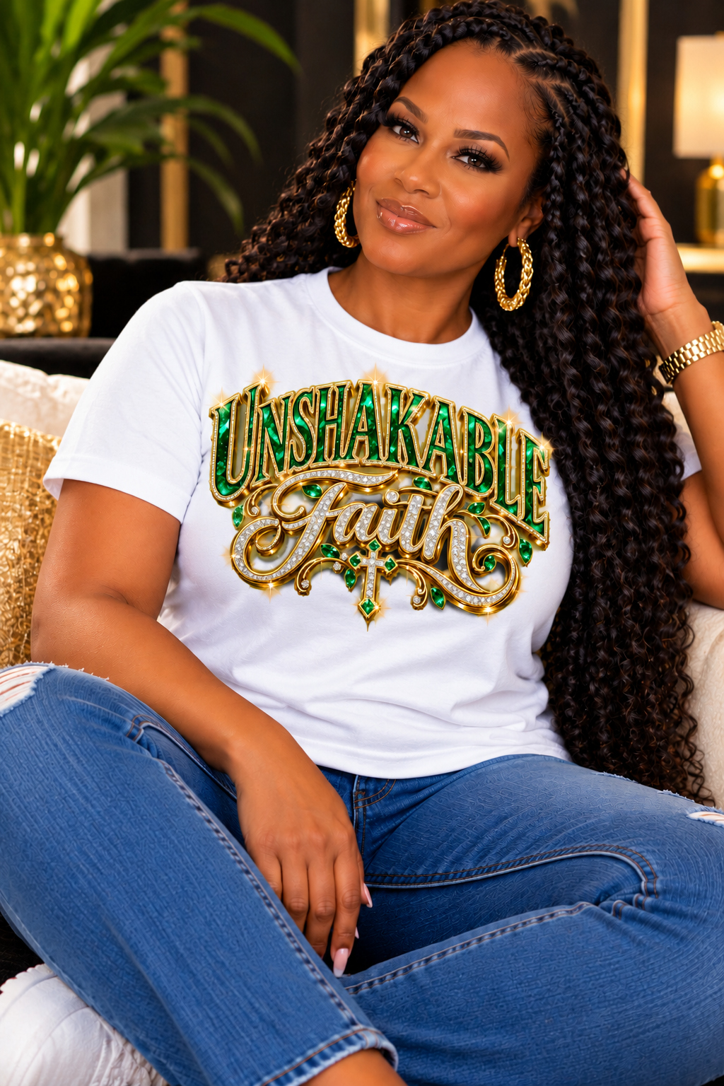 Unshakable Faith design in green, gold, and silver on a white T-shirt, seated