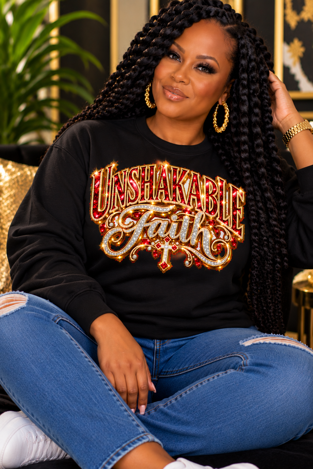 Unshakable Faith design in red, gold, and silver on a black sweatshirt, seated