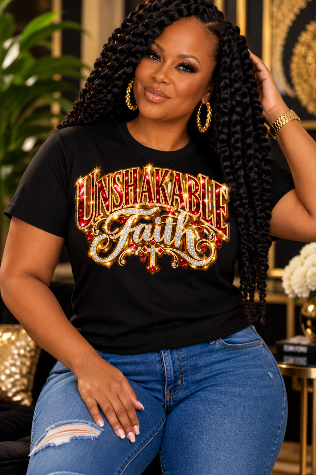 Unshakable Faith design in red, gold, and silver on a black T-shirt, seated