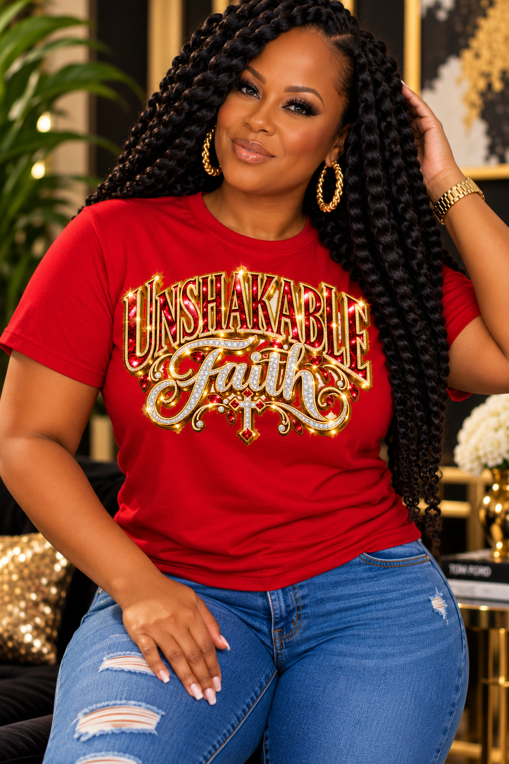 Unshakable Faith design in red, gold, and silver on a red T-shirt, seated