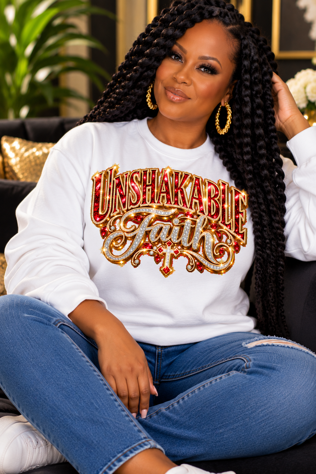 Unshakable Faith design in red, gold, and silver on a white sweatshirt, seated
