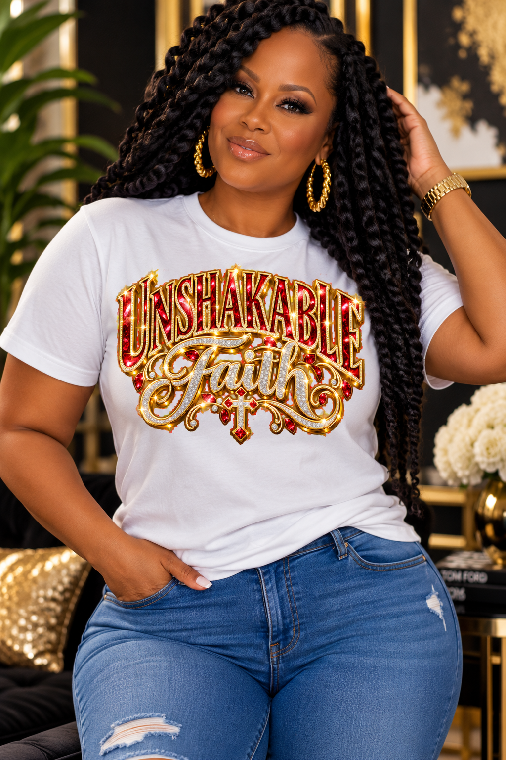 Unshakable Faith design in red, gold, and silver on a white T-shirt, seated