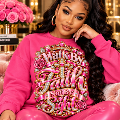 Walk By Faith, Not By Sight design in pink on a hot pink sweatshirt