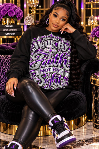 Walk By Faith, Not By Sight design in purple and silver on a black sweatshirt