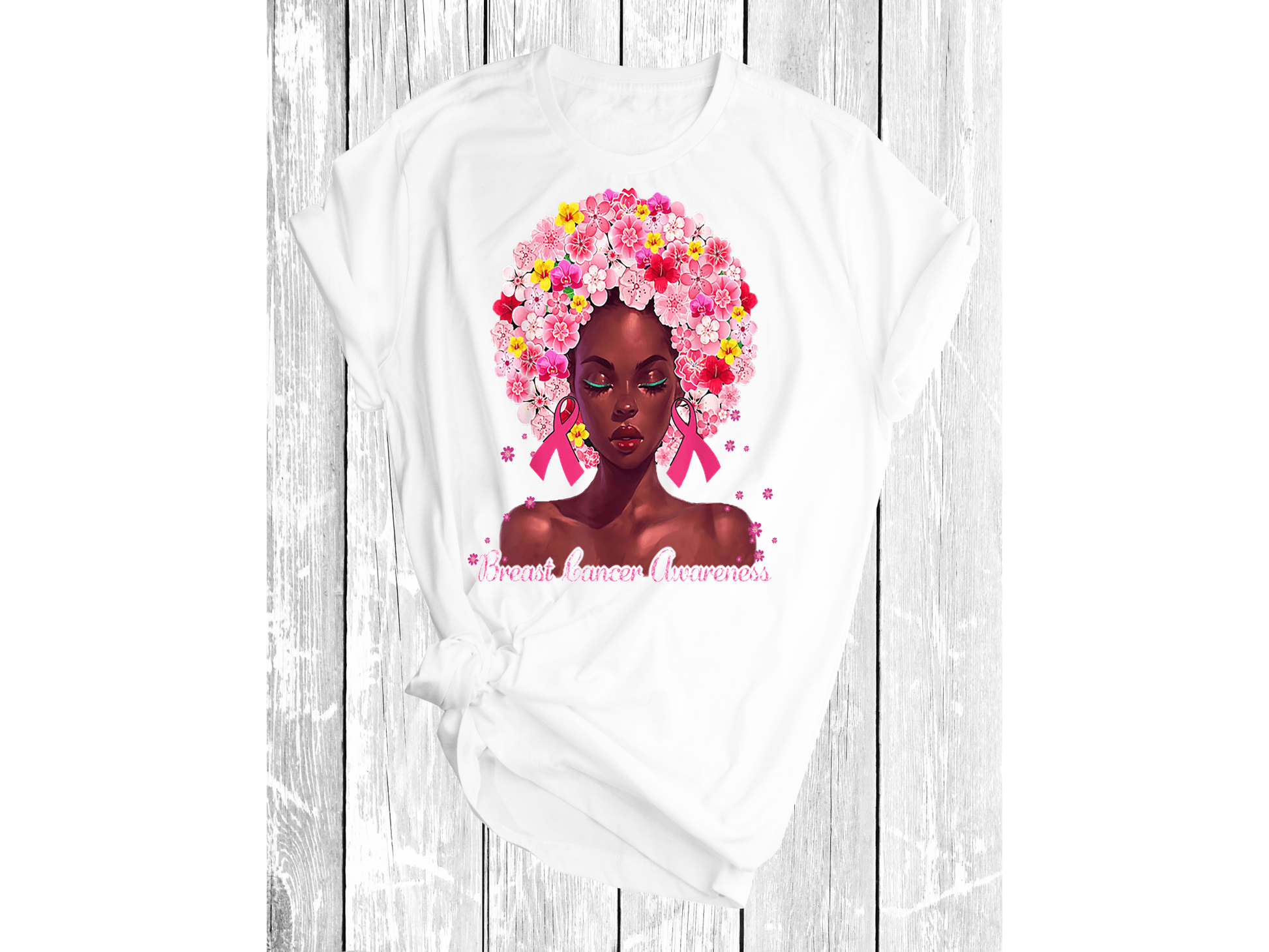 Pink Flowers Afro Woman Breast Cancer Awareness Shirt - smuniqueshirts
