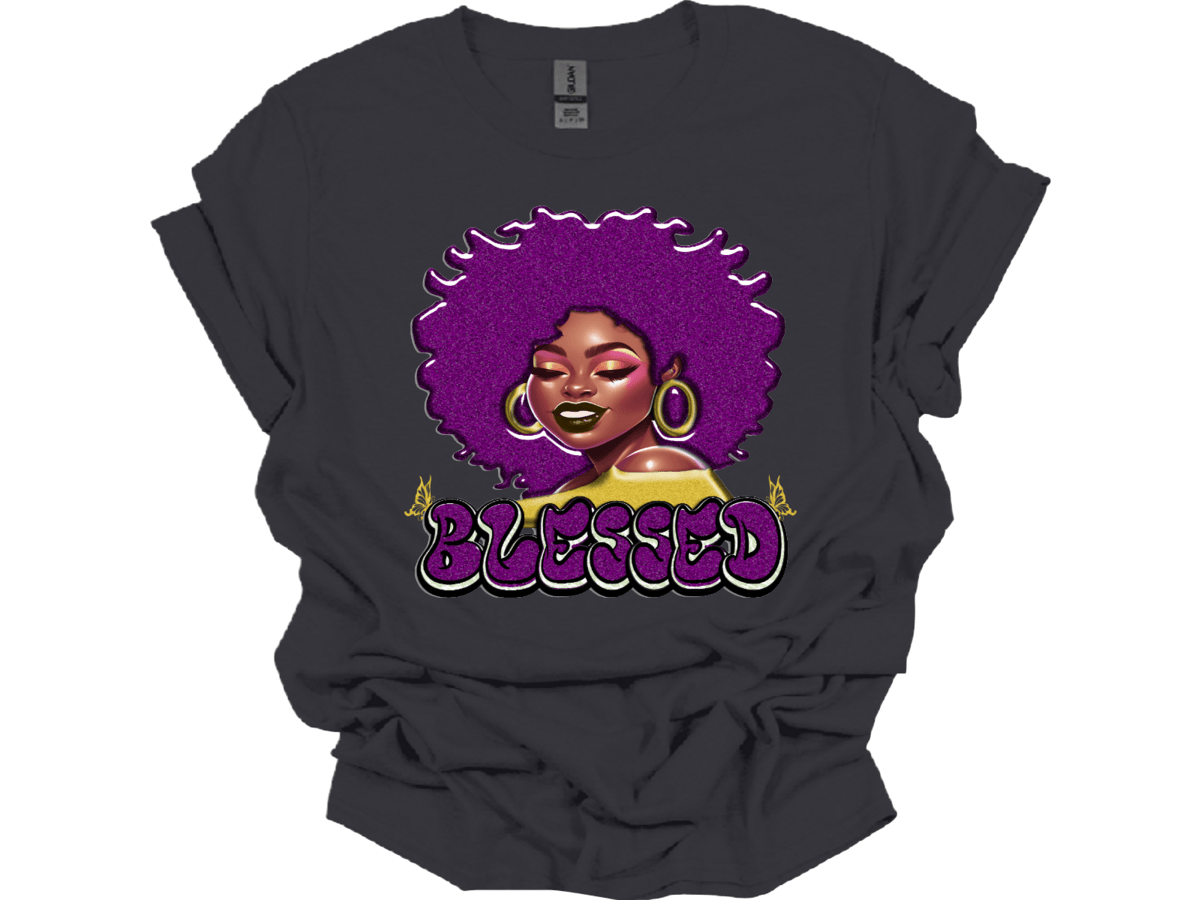 Purple Afro Blessed Lady with butterflies - smuniqueshirts
